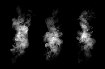 Realistic white smoke rising vertically on black background, isolated vapor columns with swirling motion. Perfect for overlay effects, cinematic visuals, fantasy design, mystery themes.