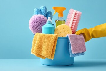 Cleaning supplies filled bucket held by gloved hand