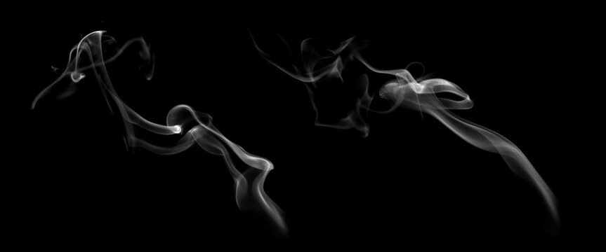 Elegant white smoke swirl isolated on black background, flowing wispy vapor with artistic curves. Minimal abstract motion, perfect for luxury design, fine art overlays, cinematic mood.