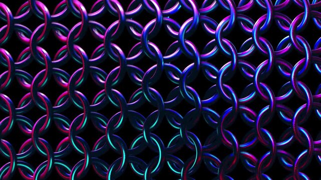 Repeating pattern of glossy interlocking rings with vibrant pink blue purple neon lighting forming a seamless futuristic abstract background on black