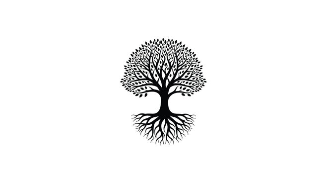 A beautiful black silhouette of the tree of life with a lush round crown and an intricate, sprawling root system logo design.