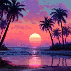 Pixel sunset over ocean, silhouetted palms, violet sky
