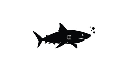 Fototapeta premium A simple black silhouette icon of a great white shark swimming in the ocean, with small air bubbles, on a white background.