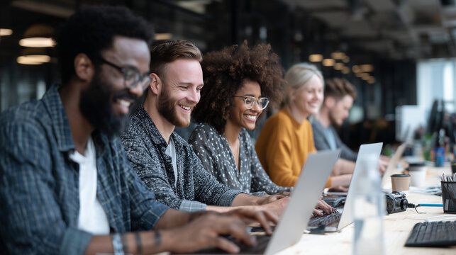 Diverse team of professionals working together on laptops, modern startup office, natural candid interaction, clean blurred background, copy space on the right