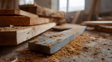 Close up of rough wooden planks and abundant sawdust on the surface of a carpentry workshop highlighting raw materials and the craft process