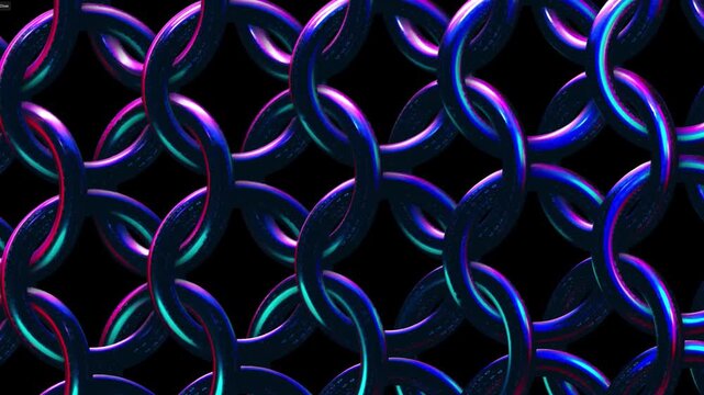 A repeating pattern of interlocking metallic chain links in glowing neon blue and pink hues against a solid black background creating a seamless abstract texture