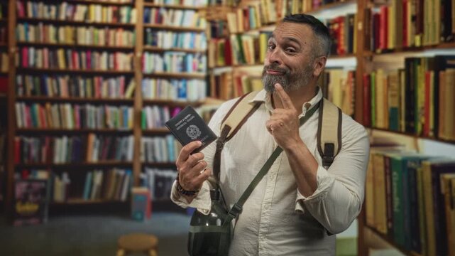 Man points finger to passport in a building library amid books and backpack; travel planning confidence.