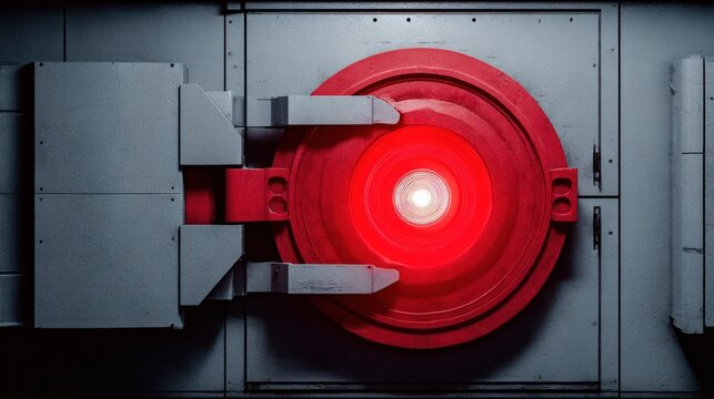 A large circular metal hatch on a spacecraft bulkhead with a red warning light and handle. product launch decks, UI/UX mockups, designed for product launches and innovation pitches.