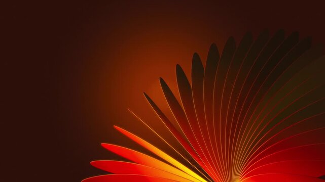 A modern abstract design featuring a radial pattern with red and orange tones resembling layered blades or fan shapes illuminated by warm glowing light on dark background