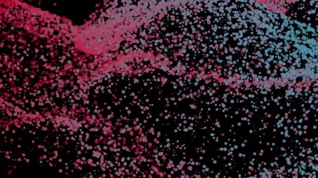 An abstract close-up of scattered red and cyan particles flowing against a black background creating a digital energy wave impression in vibrant pointillist style