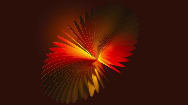 A 3D abstract form resembling a stylized flower or shell shape glowing in red and yellow tones with curved petal-like elements over a dark warm-toned background