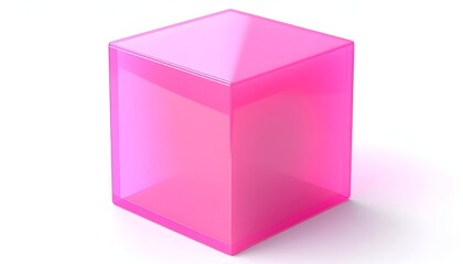 Translucent pink cube, standing upright with a subtle shadow on white surface