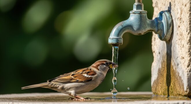 Sparrow drinking fresh water from old faucet outdoors