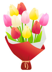 An illustration of a bouquet of colorful tulips. / 色とりどりのチューリップのブーケのイラストレーション。
