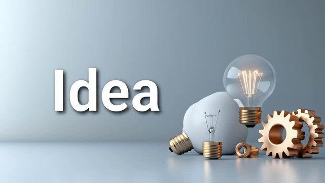 Bright light bulbs symbolizing fresh intellectual insights. Golden cogs portraying systematic development and strategic innovation process on grey backdrop.