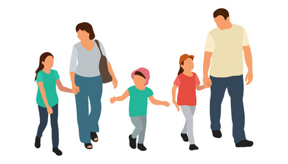 Fototapeta premium A happy family of five walking together hand in hand outdoors
