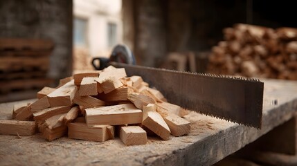 A pile of raw wood scraps lies next to a handsaw on a workbench in a workshop setting