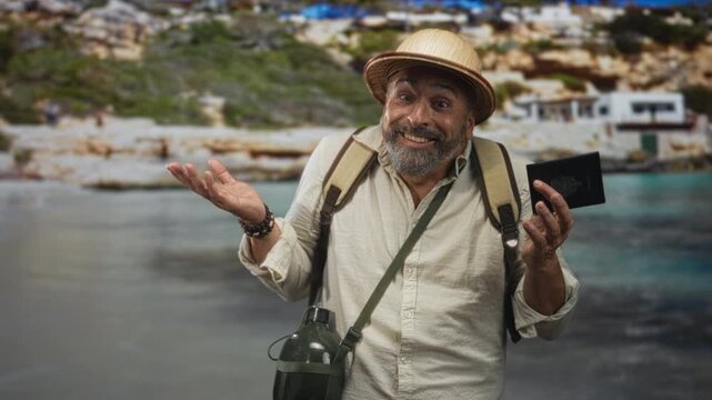Man holding passport with open mouth and shrugging gesture by seaside building, wearing backpack and straw hat; travel surprise.