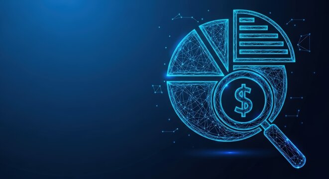 Abstract digital pie chart with dollar coin representing financial growth and business analytics