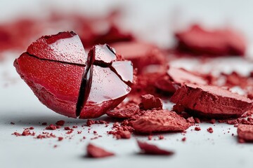 Broken red makeup powder with sharp pieces