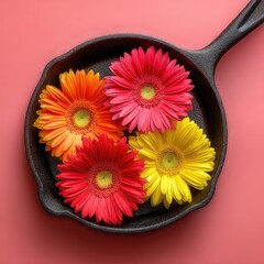 Daisies in skillet, bright colors and textured pan