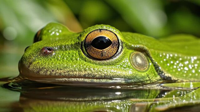 Close-up of a vibrant green frog with detailed eye and textured skin resting on a reflective water surface.