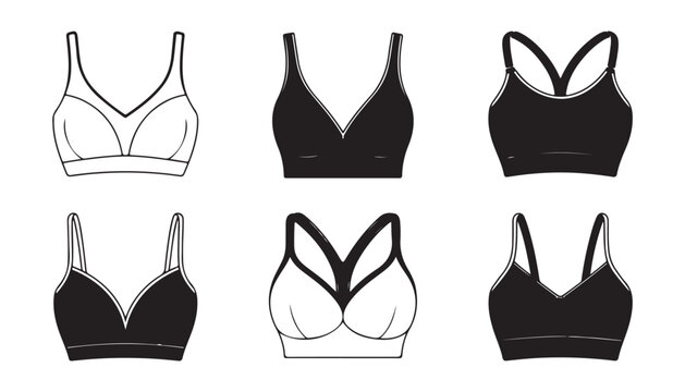 Sports bra collection featuring various silhouettes in black and white minimalist line art designs