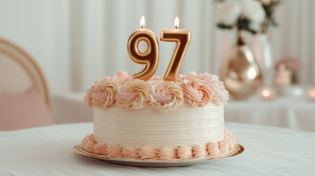 97th birthday celebration cake with candles dessert background for milestone anniversary party
