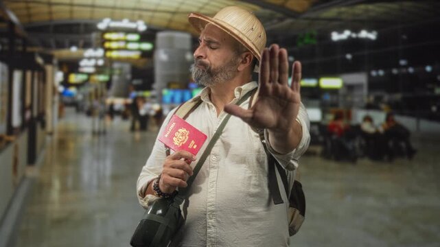 Hispanic middle age man with grey beard wearing pith helmet and backpack holding passport and showing raised palm stop gesture at airport terminal; travel frustration.