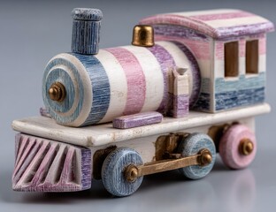 Striped toy train; blue, pink, cream colored wood