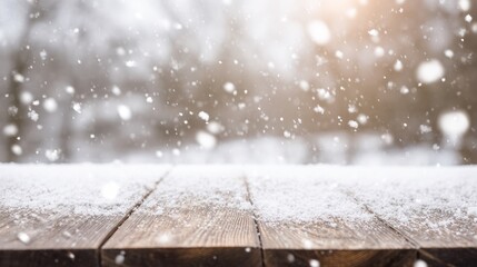 Snow-covered wooden surface with falling snowflakes, evoking a serene winter atmosphere. wellbeing guides, coaching materials, designed for mental health education and mindfulness programs.