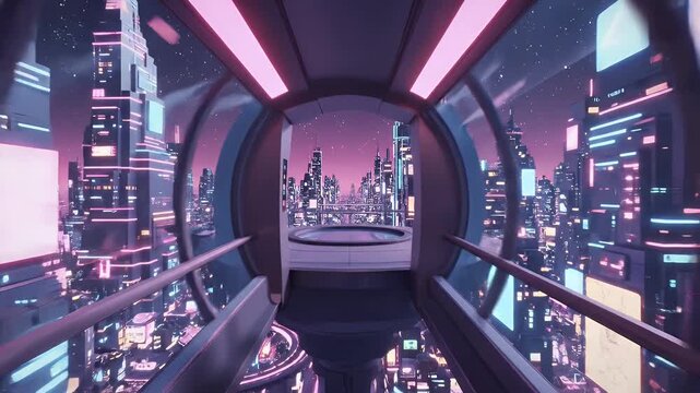 Futuristic pedestrian bridge over neon cityscape at night