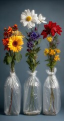 Colorful flowers in vases wrapped in plastic