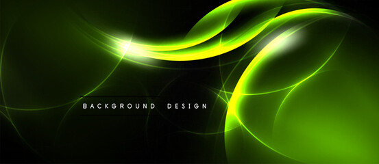 Abstract green energy flow. Dynamic curves, bright light, dark backdrop create modern visual impact. Perfect for digital projects. © antishock