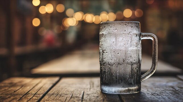 A frosted beer mug with condensation droplets resting on a rustic wooden table in warm pub lighting. bar promotions, beverage menus, designed for food & beverage menus and cafe branding.