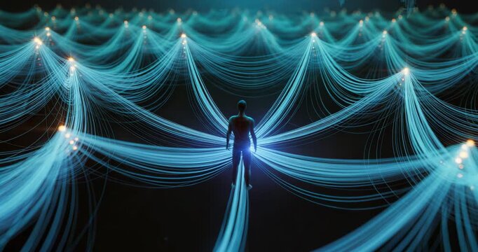 Person connected to glowing network lines in futuristic digital landscape