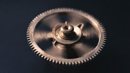 A single metal gear disengaging from a complex clockwork mechanism. safety posters, maintenance manuals, designed for precision metalworking and fabrication facilities.