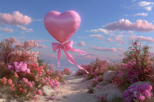 Pink heart-shaped inflatable balloon floating above blooming flowers under blue sky, dreamy romantic Valentine&rsquo;s Day scene