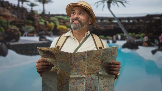 Man holding map and looking up at pool with hands visible, wearing straw pith hat and backpack while standing near water and rocks; wanderlust exploration.