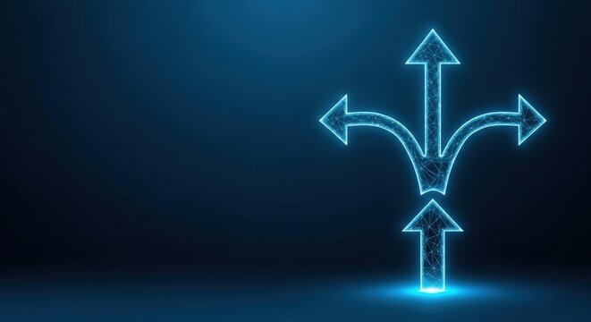 Digital glowing arrows branching out indicating multiple paths and future choices