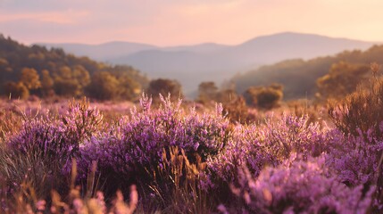 Fototapeta premium Vibrant field of purple flowers under a soft, golden sunset, mountains in the distance.
