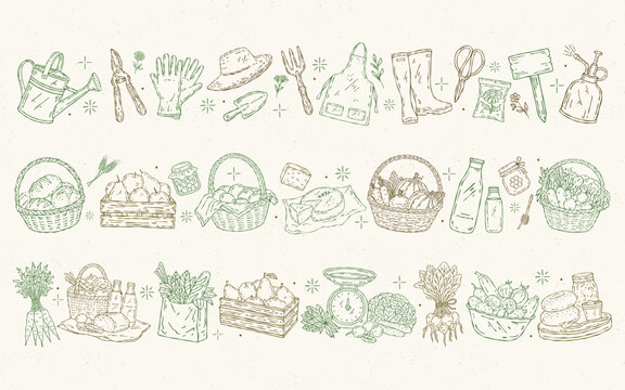 Hand-drawn line art vector borders with farmers market elements: vegetables, fruits, bread, milk, eggs, baskets, crates, and farm tools. Perfect for food, packaging, and rustic designs