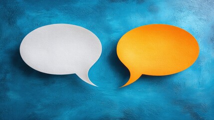 Two colorful speech bubbles on a textured blue background, symbolizing communication and conversation.