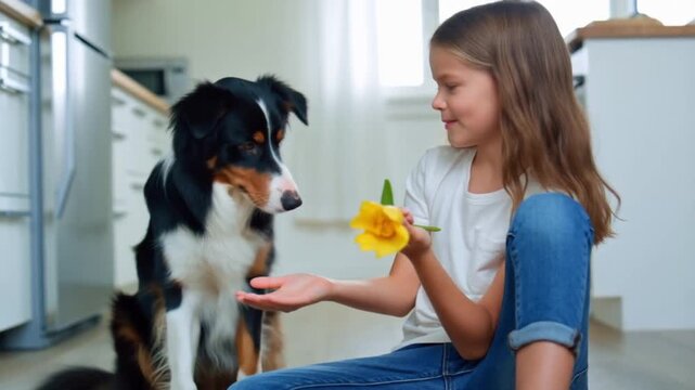 A girl in jeans teaches her border collie to give paw using a yellow tulip as a reward in a bright minimalist kitchen, concept of playful training and smart childhood companionship