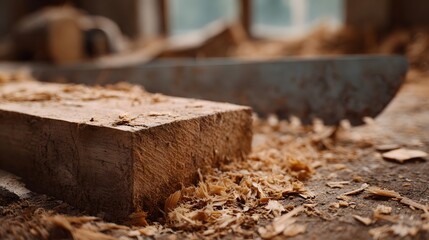 Close up of a rough cut wooden plank and sawdust on a workshop floor next to a saw blade