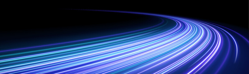 Turquoise and pink glowing lines sweep across the futuristic road, forming dynamic motion trails. Neon streaks enhance the high-speed effect. Ideal for racing, tech, or cyber visuals