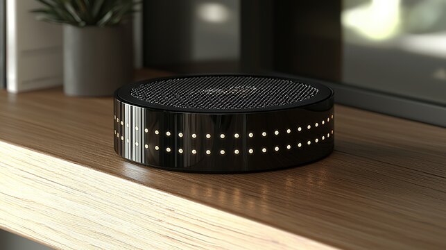 Puck microphone array pulsing white light, on wood, voice interface