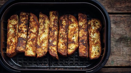 Golden French Toast Sticks Arranged in a Dark Air Fryer