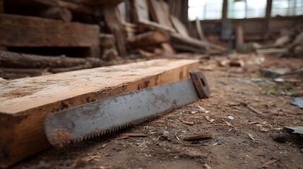 Fototapeta premium A vintage rusty saw lies across a rough wooden plank on the dusty floor of an old cluttered workshop filled with lumber