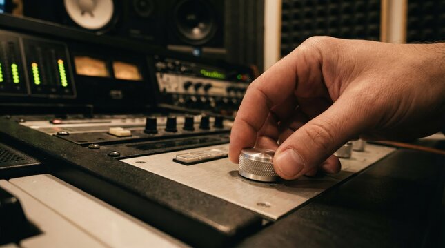 Audio engineer precisely adjusting sound mixing console knob for professional studio production optimization with illuminated equalizer meters and analog control interface for quality output.
